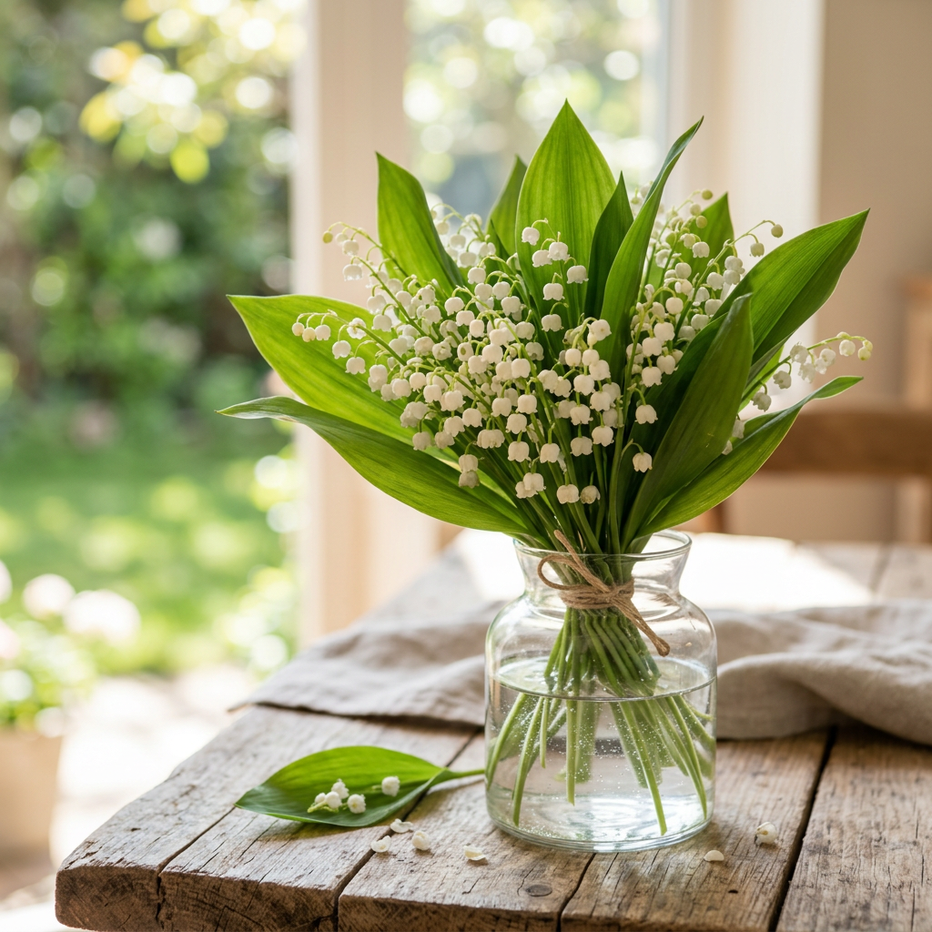 Bouquet of white lily of the valley flowers with green leaves in a glass jar filled with water