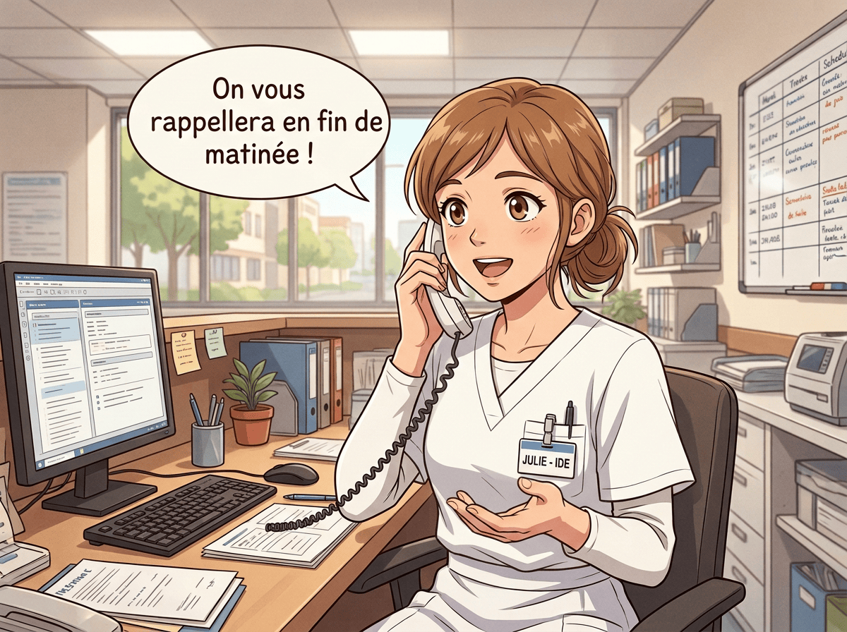 Assistante médicale au téléphone, bulle « On vous rappellera en fin de matinée ! »